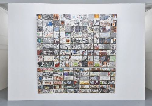 Marcin Dudek, Slash & Burn, 2020, Acrylic paint, steel powder, image transfer, medical tape, uv varnish on wood, aluminium and steel, 270 x 250 cm-106 1/4 x 98 3/8 in