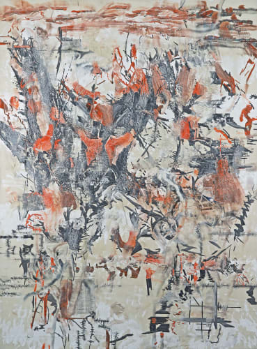 Marcin Dudek, Passage III, 2021, Acrylic paint, image transfer, medical tape, uv varnish on wood and aluminium, 200 x 150 cm, 78 3/4 x 59 1/8 in