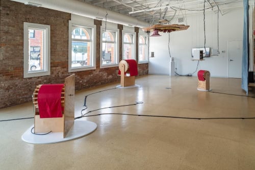 Haseeb Ahmed, Stock Weather, 2020, Wood, Aluminum, Steel chain, sand, electronics, custom software, stock quotes, 3D prints, and acrylic paint, 185 x 240 x 240 cm