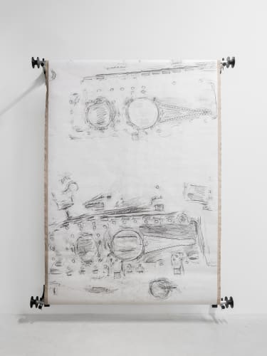 Haseeb Ahmed, Peenemünde Scroll, 2018-2020, Graphite on paper mounted on linen, aluminum, 3D print, and brass, 200 x 400 cm, 78 3/4 x 157 1/2 in.