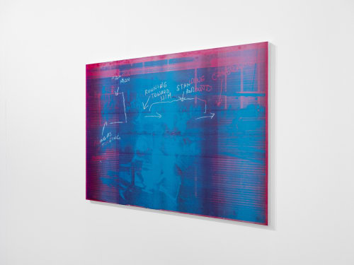 Emmanuel Van der Auwera, Memento 42 (Posing As Fleeing, Red), 2023, Newspaper .3mm aluminum offset plate mounted on aluminum frame, 69 x 99 x 2.5 cm, 27 1/8 x 39 x 1 in.