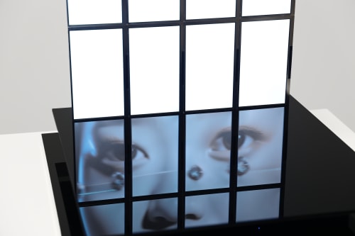 Emmanuel Van der Auwera, "The Gospel (Maquette)", 2025. Glass, Plexiglass, Raspberry Pi computer, LCD screens 41.5 x 48.5 x 52.8 cm 16 3/8 x 19 1/8 x 20 3/4 in