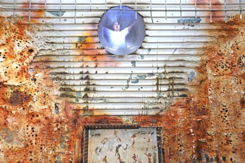 Marcin Dudek, "Nestman" (detail), 2025. Media player, SD card, amplifier, 4 speakers, LED screen, video loop, acrylic lens, wood, steel, aluminium, medical tape, smoke grenade, jesmonite, paper, image transfer, UV varnish. Closed: 221 x 103 x 70 cm 87 x 40 1/2 x 27 1/2 in Opened: 221 x 180 x 70 cm 87 x 70 7/8 x 27 1/2 in