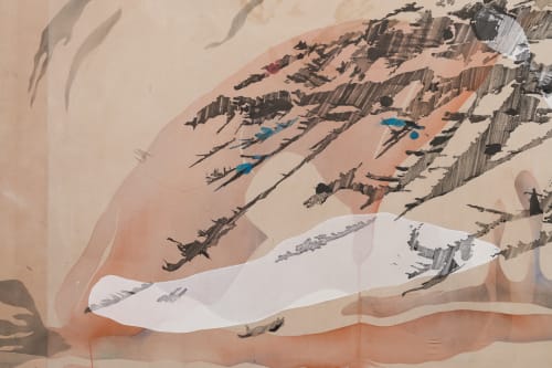 Amélie Bouvier, "Under Distant Skies #2" (detail), 2025. Indian ink, watercolor, gesso, graphite, natural stain cotton 120 x 230 x 2.5 cm. Photo: Shivadas De Schrijver