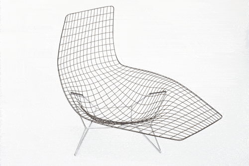 Harry Bertoia, Artist-made Prototype for the Asymmetric Chaise Lounge, c. 1952, brazed and chrome plated steel wire on steel rod base, 37 x 53 x 32 1/2 inches.