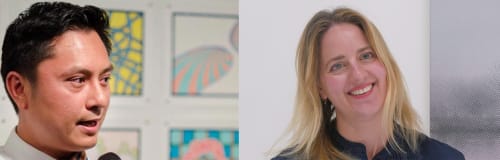 Left: Headshot of Filipino man talking into microphone; Right: Headshot of white woman