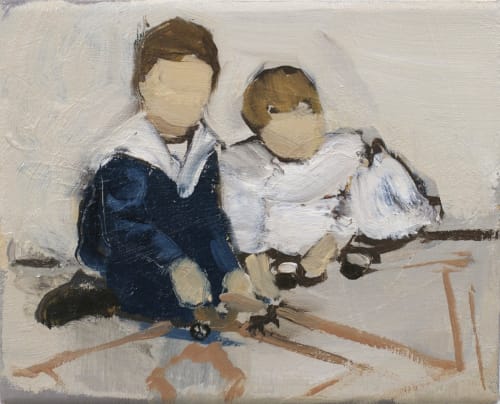 Two little boys, one in a sailor's outfit, sit in the foreground