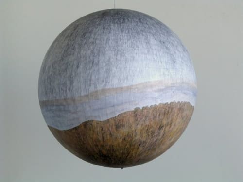 Russell Crotty, "Jupiter over Bleak Developments (Canyon Country)," 2006, ink and watercolor on paper on fiberglass sphere, 24 x 24 x 24 inches