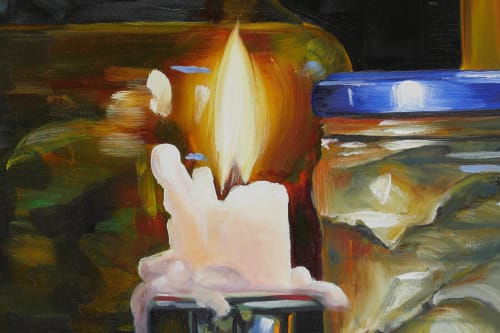 painting of burning candle in front of jars of pickles and fish