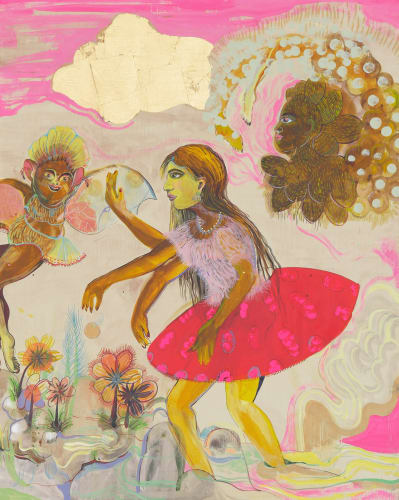 Rina Banerjee, "Durga you have lived too long in New York City, inserted, vulgar habitat with eyebrows perfectly threaded, nails cut to corners sharp you strike your demons followed by our mother earth bulbous and acrobatic displaced earths movements thrown by coin or weapon authenticity to make you wooden," 2019