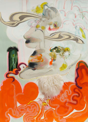 Rina Banerjee, "Captured as hostage, a threat from sky, hide or you may die, sit in reverse position, fold back your legs, pinned in the mother shepard's carpet, with for tides that stay up high why why my mother's wild nature opens and cleanse, cleared me a place to stay not hide.," 2019