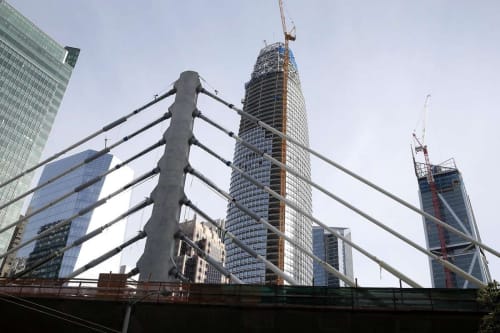 The Salesforce Tower and Transbay Transit Center bridge over Howard Street are under construction in San Francisco, Calif. on Wednesday, April 5, 2017. (Image courtesy of Paul Chinn/The Chronicle)