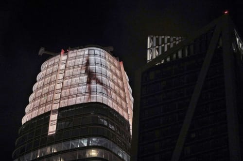 The image of a dancer is visible on the Saleforce Tower crown as part of a light sculpture created by famed light artist Jim Campbell in San Francisco, Calif., on Thursday, April 26, 2018. Campbell is installing the tallest piece of public art on earth, a light sculpture on the top 9 stories of Salesforce Tower downtown.