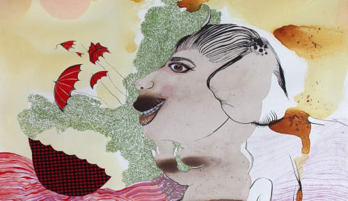 Rina Banerjee, "Ugly boy. I saw him-he was thick in parts and sort of too short, with skin, light in color, yellowish tone, but spotted like dirty mushrooms, he snored at school and growled upon waking and his nose always ran, his brows were scraggly, he had a beard that never really grew, he had a head of hair both thick, short and curly long and limp, his hair was often oily and so dirty-so, so nasty, he was disgusting!," 2014 (detail), acrylic & ink on watercolor paper, 30 x 22 inches