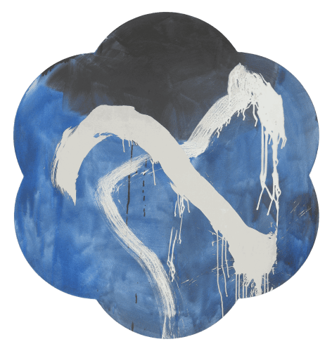 Hasty dripping palladium leaf brushstrokes that create an X in the center of a blue and black painted hexafoil cut canvas The has two uneven sections with a majority blue painted surface and a black painted top