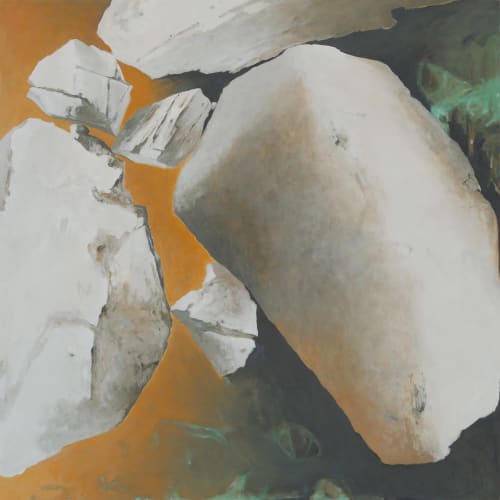 Boulders in differing sizes balancing on each other, with left to right yellow to black gradient background.