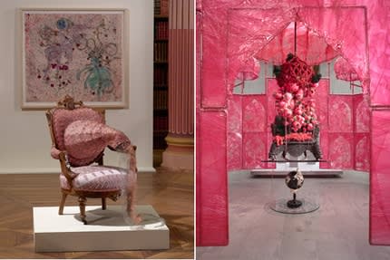 Left: Rina Banerjee, "Upon civilizing home an absurd and foreign fruit grew ripened, made food for the others, grew snout, tail and appendage like no other," 2010, mixed media, 40 x 30 x 40. Right: Rina Banerjee, "Take me, Take me . . . to the Palace of Love," 2003 (detail), mixed media, 13 x 13 x 22