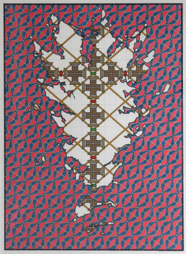 Repeated Confederate flags turned diagonally create a repeating red and blue pattern. White space dominates the middle of the piece, with a vertical cross composed of thick brown crosses and diagonal gold lines in the white spaces.