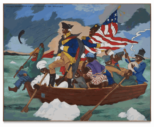 Robert Colescott, George Washington Carver Crossing the Delaware: Page from an American History Textbook