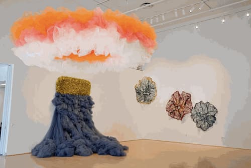 "Cloud" (top left) and "We Cannot Weep Without Vibrating the Waters" (bottom left) by Ana María Hernando; "Confluence" by Nnenna Okore (right). Photos by Gustavo Raskosky