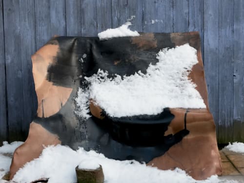 Rindon Johnston: A Wolf or a Hand (destroyed), 2018, hide, indigo, and snow, approx. 42 by 38 inches.