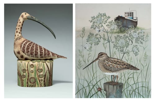 ABOVE: Georgina Warne, Nesting Wader II, high fired earthenware, 18 × 13.4 × 5.9 ins (46 × 34 × 15 cm) (LEFT); Harriet Bane, Snipe, watercolour and acrylic on plaster, 20 × 16 ins (51 × 40.6 cm) (RIGHT)