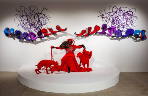 Mary Sibande, "The Domba Dance," 2019. Life-size fiberglass, bronze, cotton fabric, fiberglass and silicone 157 1/2 x 98 3/8 x 118 1/8 inches.