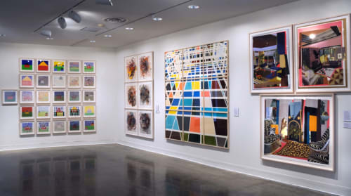 Installation view of Positive Fragmentation: From the Collections of Jordan D. Schnitzer and His Family Foundation with work by Jennifer Bartlett, Nicola López, Sarah Morris, and Mickalene Thomas; Photo by Greg Staley; Courtesy of the National Museum of Women in the Arts and the American University Museum