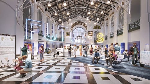 Past Futures of "FUTURES" in the North Hall of the Arts + Industries Building, rendering, Courtesy of Rockwell Group.