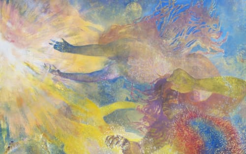 Firelei Báez, Muzidi Calabi Yau Space (or matter of navigation), 2022 (detail) . Oil and acrylic on canvas, audio soundtrack composed by Tina Tallon and Rob Walker, 98 x 482 in, 20 min 36 sec (looped).