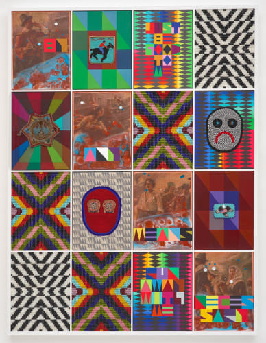 Jeffrey Gibson, BY ANY MEANS NECESSARY, 2021 Canvas, acrylic paint, glass beads, artificial sinew, nylon thread, vintage beaded belt buckle (Suede, glass beads, cotton thread), vintage beaded whimsey (Cotton fabric, velvet, glass beads, cotton thread) vintage beaded bag (Suede, glass beads, cotton thread) 66 1/2 x 50 1/2 x 3 1/4 in.