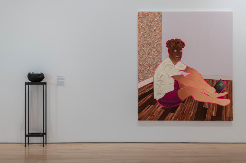 Installation view, Devan Shimoyama (American, born 1989), Black Gentleman, 2018, oil, color pencil, glitter, rhinestones, sequins, jewelry, fabric and Flashe on canvas, 84 x 72 inches, The Regional, June 2 - September 11, 2022, Charlotte Crosby Kemper Gallery, Kemper Museum of Contemporary Art, Kansas City, Missouri. Photo: E. G. Schempf, 2022.