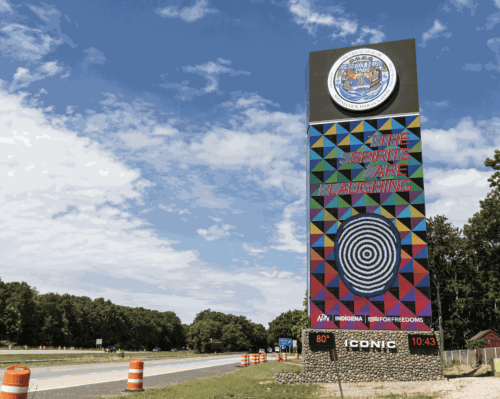 Installation view of Jeffrey Gibson, The Spirits Are Laughing, 2021-2022. Courtesy the Artist and For Freedoms