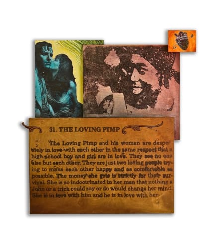 Alfred Conteh, The Loving Pimp. Wood, acrylic, oil, and paper. 43.5 x 42.5 in.