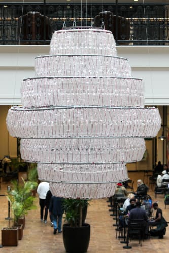 Willie Cole Spirit Catcher, 2022. Mixed-media sculpture, recycled plastic water bottles, wire 10' x 7.' Image courtesy of the Artist