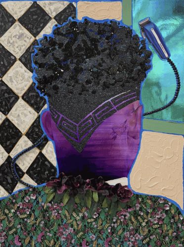 Devan Shimoyama, A Tiny Tribute, 2019. Oil, acrylic, flashe, sequins, beads, lace, silk, flowers, collage, color pencil and glitter on canvas stretched over panel.