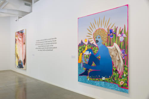 Devan Shimoyama, Tempérance, 2022 Oil, colored pencil, glitter, jewelry, silk flowers, sequins, collage, Flashe, acrylic and embellishments on canvas 84 x 68 x 2 in. Installation view, Full and Pure: Body, Materiality, Gender, 2023. Photo: Evan Sheldon.