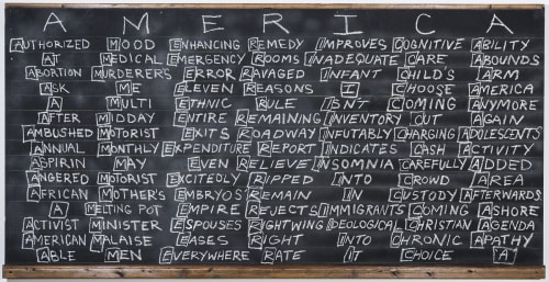 Willie Cole, “How Do You Spell America #6,” 1993, oilstick, chalk, and latex on masonite and wood, 49 x 96 inches. San Antonio Museum of Art, purchased with funds provided by The Brown Foundation Contemporary Art Acquisition Fund, Janet L. Brown, the Guillermo C. Nicolas & James C. Foster Art Fund, Christopher C. Hill, Dr. Harmon and Harriet Kelley, Zoe A. Diaz, Stacey Hill and Erick Schlather, and an Anonymous Donor, 2012.17 © Willie Cole