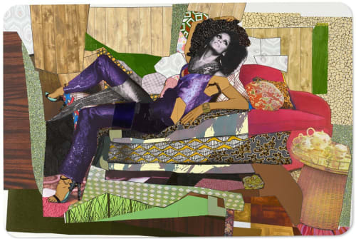 Mickalene Thomas’s “Racquel Reclining Wearing Purple Jumpsuit,” from 2016, sold for $1.8 million at Christie’s New York on Tuesday. It was a record price for a work by the artist. Credit...via Christie's Images Ltd.