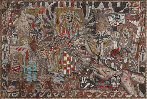 Cameron Welch's "Fugue State" (2021), marble, glass, ceramic, stone, spray enamel, oil and acrylic on three panels.