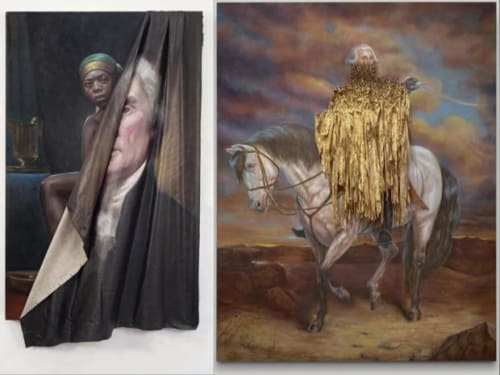 Left: "Behind the Myth of Benevolence" (2014), oil on canvas. Courtesy of the artist and Jack Shainman Gallery, New York. Right: "Shadows of Liberty" (2016). Oil and rusted nails on canvas. Yale University Art Gallery. PAINTINGS © TITUS KAPHAR