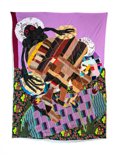 Basil Kincaid, Lullaby, 2021, Quilt, vintage corduroy, donated clothes, clothes from the artist, Ghanaian embroidered fabrics, hand-woven Ghanaian kente, wax block print cotton fabric, and wool, 79 x 58 x 1 in (Image courtesy the artist and Kavi Gupta.)