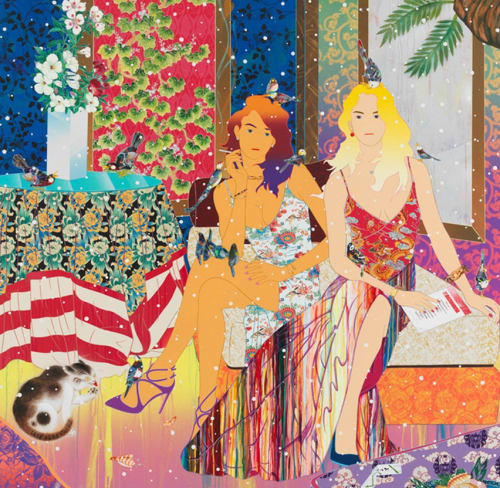 Tomokazu Matsuyama, "Turn Up the Happy Hour," 2021. Acrylic and mixed media on canvas, 100 x 60 x 2 inches.