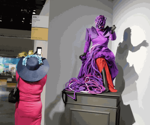 Mary Sibande, "Ascension of the Purple Figure," 2016 Fiberglass, resin, fabric, and steel on painted wood plinth 111 3/4 x 39 3/4 x 39 3/4 inches.