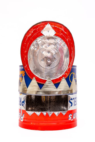 Jeffrey Gibson, THE SPIRITS ARE LAUGHING, Helmet 1, 2022. Photo by Brian Barlow. Courtesy of Jeffrey Gibson Studio.