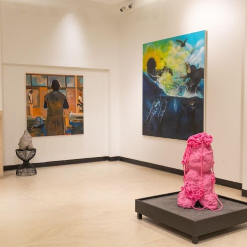 Installation view, SKIN + MASKS III, Curated by Vic Mensa & Chanelle Lacy, 2022. Magnificent Mile Association.