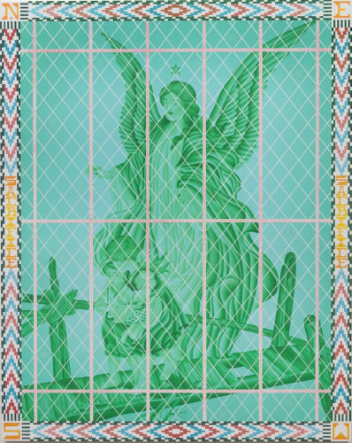 Jaime Muñoz, American Prayers, 2018, acrylic, airbrush, and glitter on panel, 60 x 48 in.