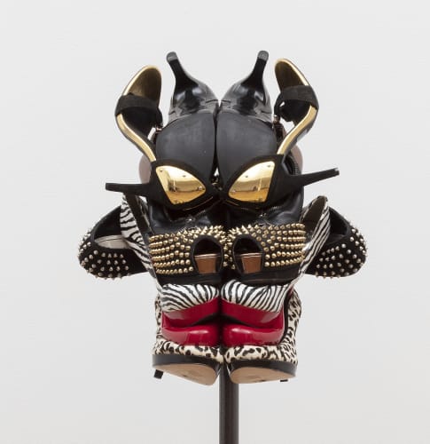 “Street Dragon I” (2018), shoes, wire, and screws on a metal stand, 64.5 x 16 x 15.5 inches. Photo by Joerg Lohse. All images © Willie Cole, courtesy of Alexander and Bonin, New York