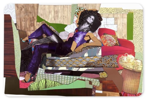 Mickalene Thomas’s “Racquel Reclining Wearing Purple Jumpsuit,” 2015, rhinestones, glitter, flock, acrylic and oil on wood panel. (The Rachel and Jean-Pierre Lehmann Collection/Mickalene Thomas/Artist Rights Society)