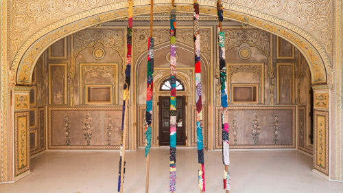 At the Sculpture Park at Madhavendra Palace in Jaipur, India, contemporary artworks are set against the background of the 18th-century structure, which features beautifully-detailed painted walls. Pictured here is an untitled artwork by Manish Nai, 2017.